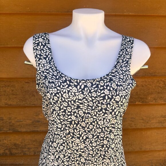 Handmade Black & White Floral Sleeveless Sun Dress W/ Waist Tie Lightweight Medi - Picture 6 of 7